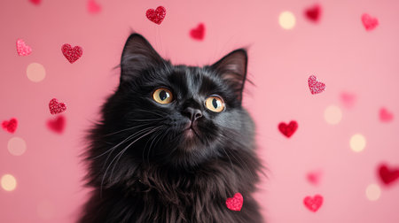 Fluffy Black Cat with Shining Eyes on Pink Background, Surrounded by Red Hearts and Bokehの素材