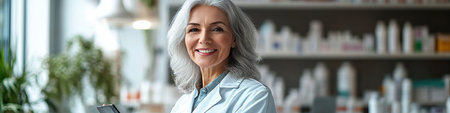 Smiling Senior Pharmacist With Digital Tablet, Standing Against Backdrop Of Pharmacy Interiorの素材
