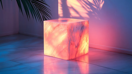 Illuminated Onyx Pedestal on Floor, Modern Minimalist Interior Design Element with Palm Leaf Shadowの素材