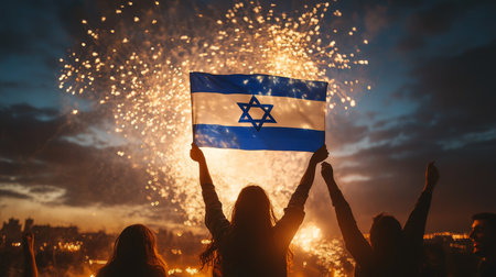 Celebration Under Israels Evening Sky A Silhouette against Fireworks with a National Flag.の素材