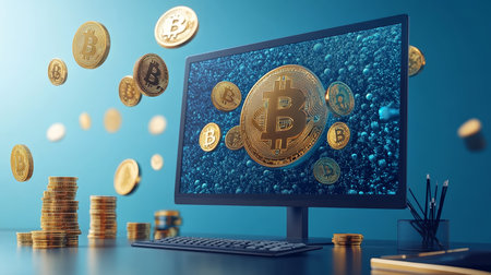 Bitcoin Investment. Huge Monitor With Flying Bitcoins In Minimalist Office, Blue Backgroundの素材