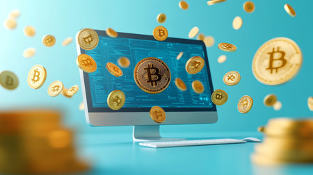 Bitcoin Rain. Computer Monitor With Falling Cryptocurrency Coins In Minimalist Officeの素材