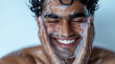 Smiling Indian Man Enjoying Skincare Routine, Washing Face with Water Against White Backgroundの素材
