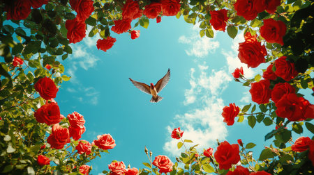 Bird in Flight Above Vibrant Red Roses. Look Up Perspective. Beautiful Blooming Rose Garden.,の素材