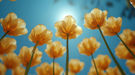 Yellow Tulips, Bathed in Sunshine, Reach for a Bright Blue Sky. A Field of Blooming Spring Flowersの素材