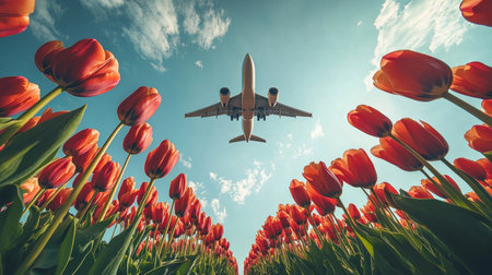 Vibrant Tulip Field With Airplane Soaring In Cloudy Sky., Travel And Vacation Concept.の素材
