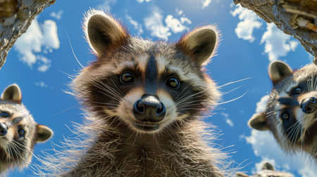 Fluffy Raccoon Trio Peeking from Tree, Sunny Day, Low Angle View. Playful Curiosity in Nature.の素材