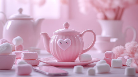 Romantic Pink Tea Time Exquisite Teatime Setting with Heart-Decorated Teapot and Sweet Treatsの素材