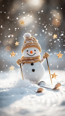 Cute Snowman Skiing Through Winter Wonderland, Leaving Trail of Golden Stars. Festive Background.の素材