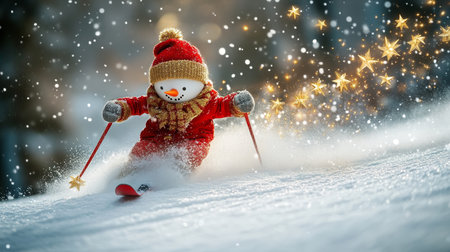 Cute Snowman Skiing Downhill Leaving Trail of Golden Stars, Winter Wonderland Backgroundの素材