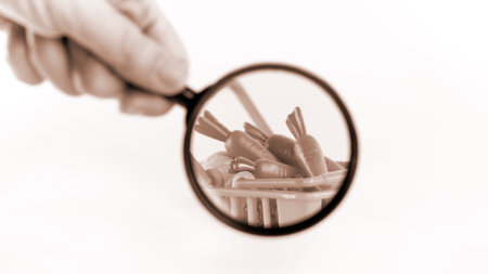 View through magnifying glass on plastic vegetables in shopping basket against white background. Nutrition value, GMO concept, plastic food.の写真素材