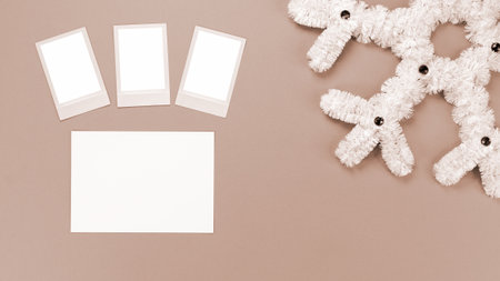 Polaroid retro photo frames isolated on brown background. photo template. Colour of the year Mocha Mousse. Mockup. Winter decorationの写真素材