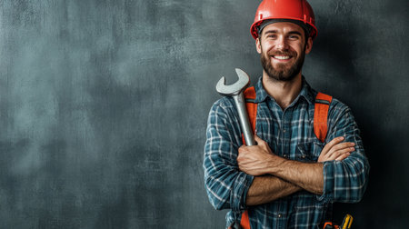 Confident Plumber With Wrench, Gray Background Skilled Tradesman, Home Repair, Constructionの素材