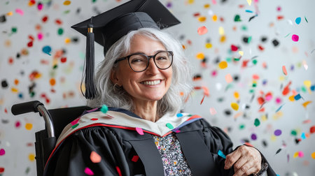 Confident Mature Woman in Wheelchair Celebrates Graduation with Colorful Confetti Showerの素材