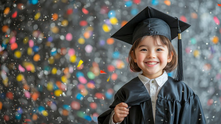 Happy Graduation, Adorable Child Celebrates Academic Achievement with Joy and Confettiの素材