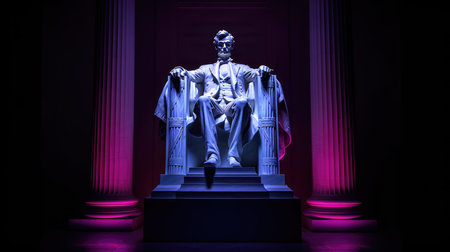 A breathtaking night view of the iconic Abraham Lincoln Memorial in Washington, D.C. The statue of Lincoln stands tall, beautifully illuminated by soft purple light against a dark, serene background.の素材