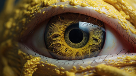 This stunning macro shot captures a womans eye featuring vibrant bright yellow eye makeup. The eye is sharply focused, revealing intricate details and striking colors that draw the viewer in.の素材