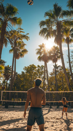 Athlete Preparing for Volleyball Spike on Sunny Beach. Summer Sports, Recreation, Active Lifestyleの素材