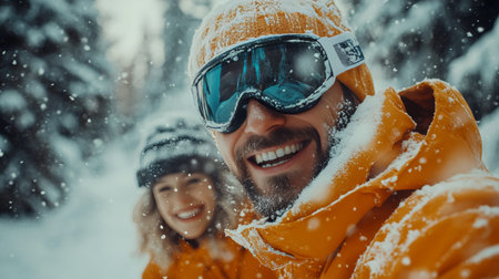 Joyful Couple in Ski Goggles Embraces the Thrill of Winter Adventure on Snowy Mountain Slopesの素材