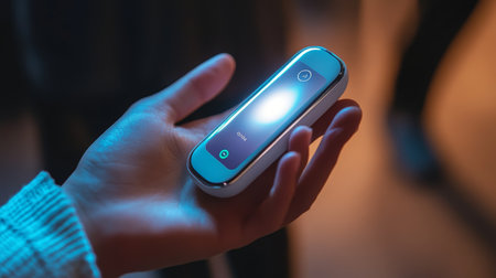 Close-Up Of Hand Holding Fitness Tracker Displaying Health Data On Blurred Backgroundの素材