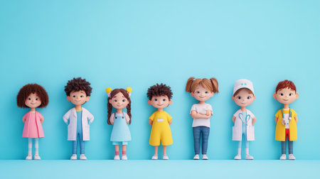 Diverse Group of Kids in Doctor and Patient Attire, Isolated on a Light Blue Backgroundの素材