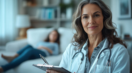 Confident Female Therapist Taking Notes, Blurred Patient Relaxes on Couch in Background of Officeの素材