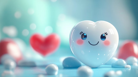 Smiling Heart Character and Blurred Hearts in Background Concept of Love, Care, Valentine s Day.の素材