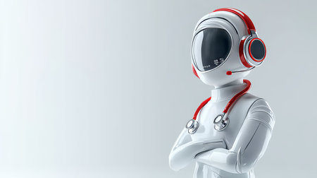 Futuristic Healthcare 3D Robot Doctor Wearing Headset, Offering Remote Medical Consultationの素材