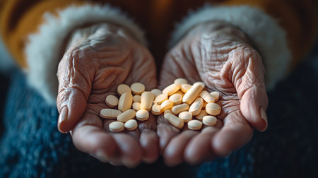 Hands of Time, A Collection of Pills in the Palm of An Elderly Person Aging and Healthcare Conceptsの素材