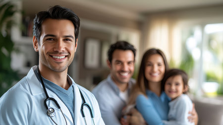 Compassionate Doctor with Stethoscope, Happy Family in Background, Healthcare Conceptの素材