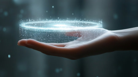 Futuristic Health or Technology Data Close Up View of a Hand Holding a Glowing Ring Interfaceの素材