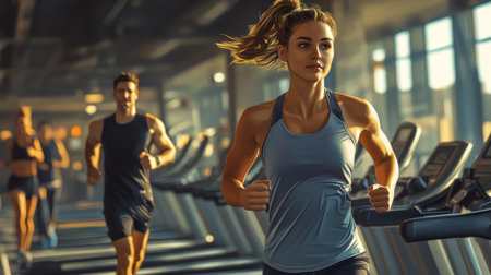 Focused Woman on Treadmill, Achieving Fitness Goals With High Energy in Busy Gym Environmentの素材