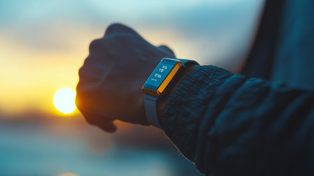 Closeup Of Man Checking Fitness Tracker At Sunset, Health Monitoring And Technology Conceptの素材
