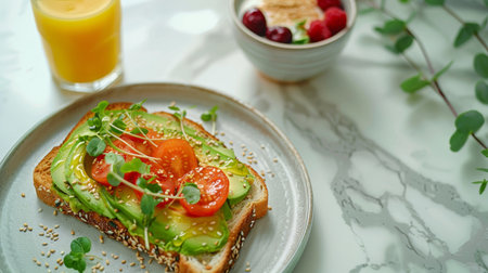 Healthy breakfast with avocado toast, orange juice, and yogurt with berries on a marble background.の素材