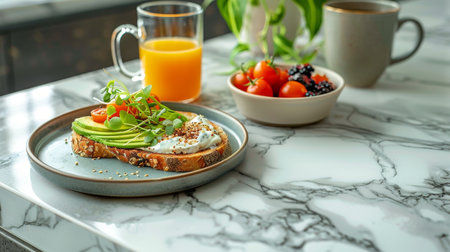 Healthy Gourmet Avocado Toast Breakfast with Orange Juice on a Stylish Marble Countertop.の素材