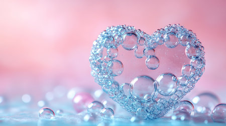 Sparkling Heart of Soap Bubbles on a Pastel Pink Background for Valentine s Day Designの素材