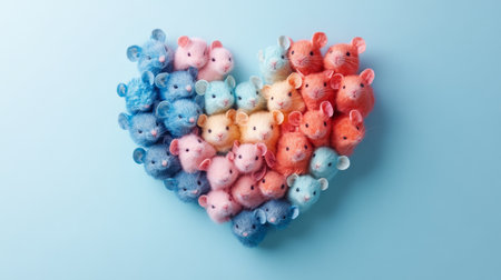 Valentine s Day Concept Adorable Colorful Mice Forming a Heart Shape on a Blue Backgroundの素材