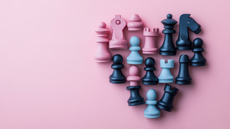 Pastel Pink Background With Heart Shape Made Of Blue And Pink Chess Pieces, Valentine s Day Conceptの素材