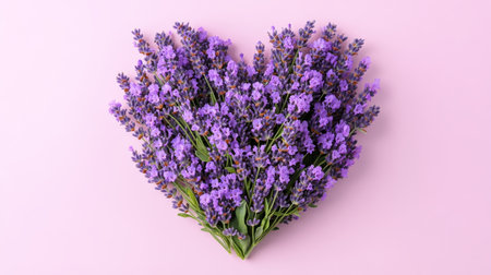 Heart of Lavender Flowers on a Pink Background, Valentine s Day Love, Romance, and Wellness Conceptの素材
