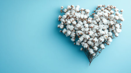 Cotton Flowers Arranged In A Heart Shape On A Pastel Blue Background, Love And Purity Conceptの素材