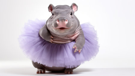 A cute and funny little baby hippo wearing a fluffy purple tutu skirt, isolated on a white background. Perfect for any project looking to add a touch of fun and whimsy.の素材