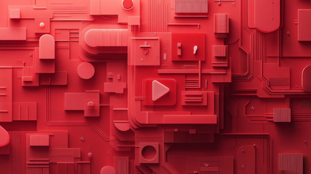 Abstract Technology Background, 3D Geometrical Shapes With Play Button In Red, Digital Illustrationの素材