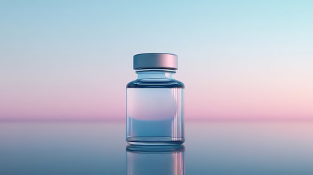 Single Transparent Glass Vial with Medicine on Blue-Pink Gradient Background. Medical Concept.の素材