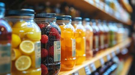 Glass Jars Filled With Colorful Fruit Juice, Preserves, and Healthy Drinks On a Store Shelfの素材