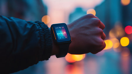 Close-up, A Fitness Tracker Displays Health Data, Evening City Lights Blurred Background.の素材
