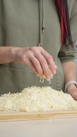 Grated cheese falls out of the cook's hand. Grated cheese for pizzaの写真素材