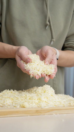 Grated cheese falls out of the cook's hand. Grated cheese for pizzaの写真素材