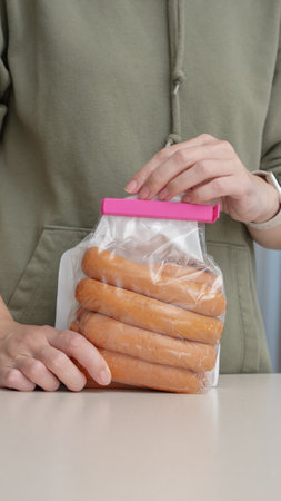 Hands covering open sausage bag with food clip for storage. Meat sausage in a package for long-term storageの写真素材