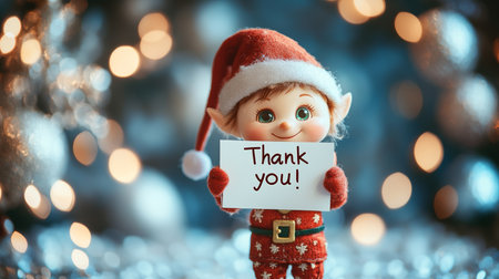 Cute Christmas Elf Holding a Thank You Sign Against a Sparkling Festive Bokeh Lights Backgroundの素材