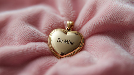Golden Heart Locket With Be Mine Inscription On Pink Velvet, Vintage Romance Conceptの素材